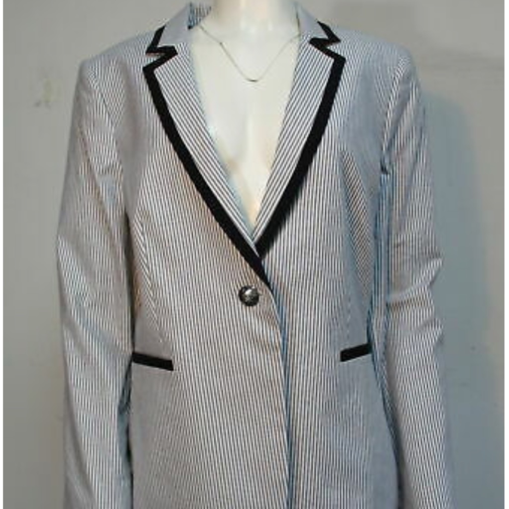 Tahari Navy/White Striped Seersucker Jacket Blazer